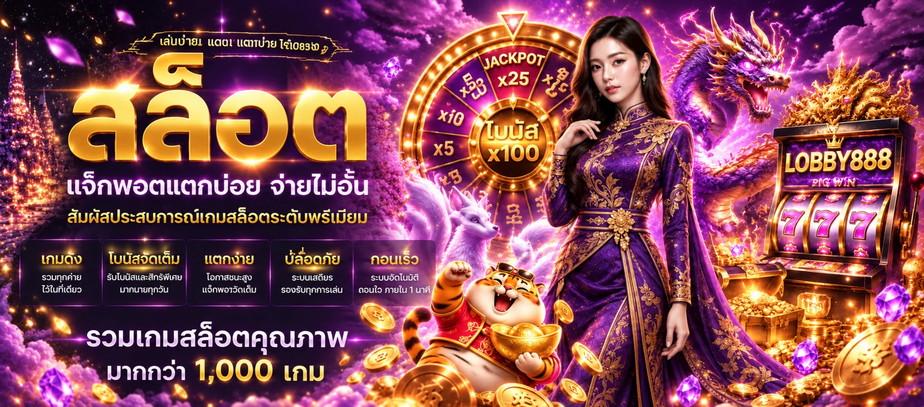 แบนเนอร์ LOBBY888 สล็อต พร้อม Fortune Tiger และวงล้อโบนัส
